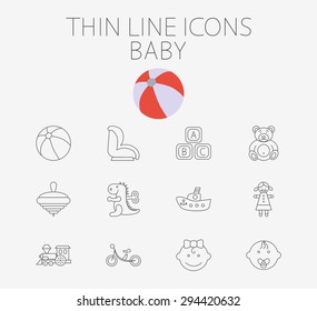 Baby thin line vector icon set for web and mobile applications. Set includes - baby boy, girl, ball, car seat, ship, block, bear, whirligig, dinosaur, doll, train, bicycle. Logo, pictogram.