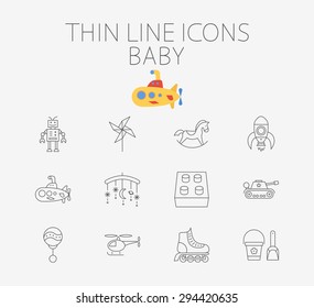 Baby thin line vector icon set for web and mobile applications. Set includes - block, whirligig, robot, horse, rocket, submarine, tank, rattle, crib toy, helicopter, roller skate, pail and shovel. 
