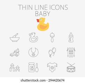 Baby thin line vector icon set for web and mobile applications. Set includes - rattle, food, duck, feeding bottle, car, bib, balloon, skiing, blocks, clothes, drum. Pictogram, infographic element.