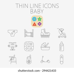 Baby thin line vector icon set for web and mobile. Set includes - pin, airplane, crib, pram, scooter, diapers, bunk bed, roller skate, educational game, feeding bottle, chair for babies, baby monitor.