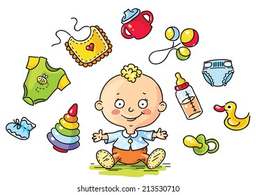 Baby with a lot of baby things