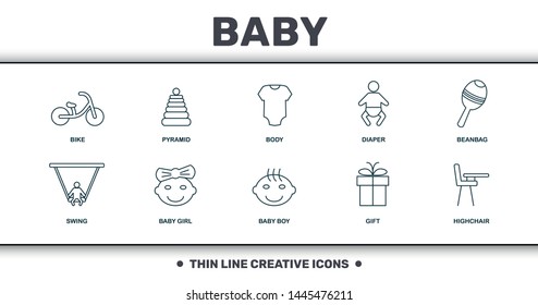 Baby Things icons set collection. Includes creative elements such as Baby Bike, Baby Pyramid, Body, Diaper, Beanbag, Girl and Baby Boy premium icons.
