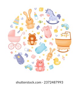 Baby Things and Kids Object Design Round Composition Vector Template