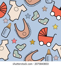 Baby things for newborns on a blue background. Seamless pattern of red baby carriages, blue baby bottles, and light pink clothes, stars for textiles.