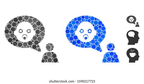 Baby thinking person mosaic of round dots in different sizes and color hues, based on baby thinking person icon. Vector round elements are grouped into blue mosaic.