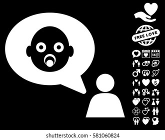 Baby Thinking Person pictograph with bonus decorative images. Vector illustration style is flat iconic white symbols on black background.