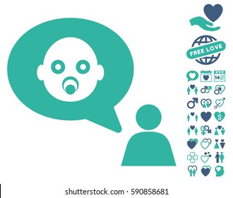 Baby Thinking Person pictograph with bonus decoration pictograph collection. Vector illustration style is flat iconic cobalt and cyan symbols on white background.