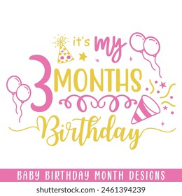 Baby three months birthday decorative, baby birthday months designs svg