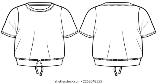 Cintura de corbata de bebé T Diseño dibujo plano ilustración de moda maqueta modelo maqueta maqueta arriba con vista frontal y trasera. Niño pequeño niño y niña Camiseta de la tripulación Camiseta superior cad vector plantilla