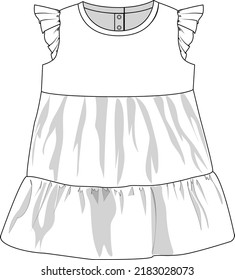 Baby Tiered Dress with Ruffle Sleeves Flat Vector Sketch Illustration