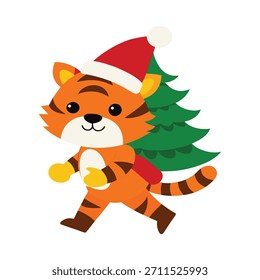 Baby tiger carrying a solid color Christmas tree ornament, spreading Christmas cheer and festive joy