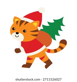 Tigre del bebé que lleva un ornamento sólido del árbol de navidad del color, vestido como Santa, celebrando momentos alegres de las vacaciones