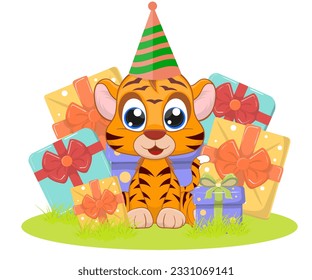 Baby tiger with colorful gift boxes childish vector illustration. Cute baby tiger cartoon style