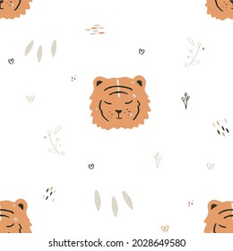 Baby tiger cute seamless pattern in scandinavian style. White Tiger vector flat concept illustration. Pattern design for printing on fabric, baby clothes, postcards, wrapping paper, wallpaper. 
