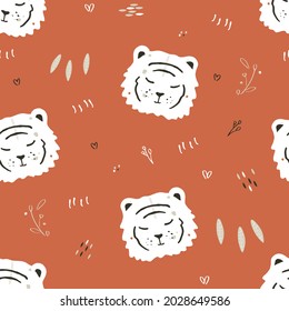 Baby tiger cute seamless pattern in scandinavian style. White Tiger vector flat concept illustration. Pattern design for printing on fabric, baby clothes, postcards, wrapping paper, wallpaper. 
