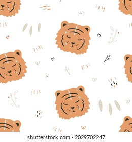  Baby tiger cute seamless pattern in scandinavian style. White Tiger vector flat concept illustration. Pattern design for printing on fabric, baby clothes, postcards, wrapping paper, wallpaper.