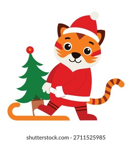 Baby tiger dressed as Santa pulling a little Christmas sleigh, full of holiday excitement and festive fun
