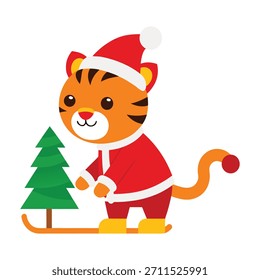 Bebé tigre vestido como Santa tirando de un trineo de Navidades, añadiendo adorable encanto de vacaciones a las celebraciones festivas
