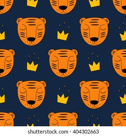 Baby tiger with gold crown seamless pattern on dark blue background. Child drawing style wild animal background. Tiger illustration. Cute design for print on baby's clothes.