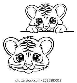 Baby tiger head outline sketch. Cute tiger head line art. hand drawn animal isolated on white background. vector illustration. tiger face illustration. Cute hand drawing animal.