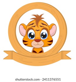 Baby tiger illustration on round wooden frame. Baby tiger vector illustration isolated on white