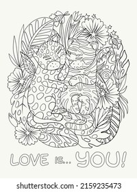 Baby tiger and baby leopard colouring page for kids. Art therapy for adults.