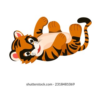 A baby tiger lying on its back. Funny animal. Vector drawing of a wild mammal. Little playful tiger cub on white background. Used for web design