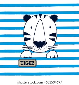 baby tiger on striped background, T-shirt graphics for kids vector illustration