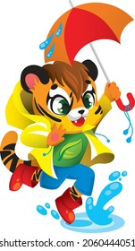 baby tiger in a raincoat with an umbrella jumping through the puddles. fun and rainy weather