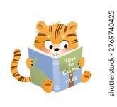 Baby tiger reading a book, educational animal character for kids. Animal tiger studying or reading, cartoon for children school or library. Vector cartoon clipart illustration for children education