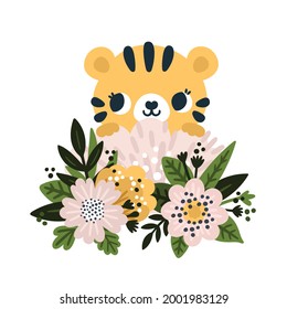 Baby tiger sitting in blooming flowers, jungle in cartoon style isolated on white background. Little roar print for kids. Predator exotic animal with stripy coat vector illustration. Symbol of 2022. 