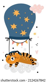 Baby tiger sleep on cloud. Cute animal print for textile or nursery