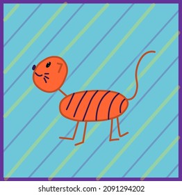 Baby tiger in the style of primitivism on the background of multicolored stripes.