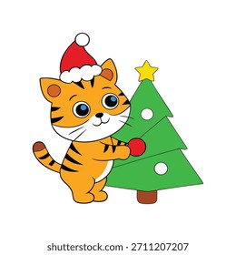 Tigre del bebé con el sombrero minúsculo de Santa que decora el árbol de navidad, ilustración festiva perfecta para los proyectos del día de fiesta y los diseños temáticos de la Navidad.
