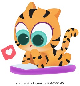 baby tiger using smartphone mobile playing Instagram heart animal character