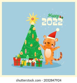 A baby tiger wearing a Santa hat is decorating a Christmas tree.  There are toys and garlands hanging on the tree.  Above is the text "happy 2022".  New Year vector illustration.