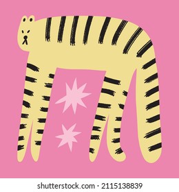 Baby tiger wild animal childish cartoon groovy boho illustration naive funky handdrawn style art vector