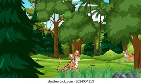 Baby Tigers In Forest At Daytime Scene With Many Trees Illustration