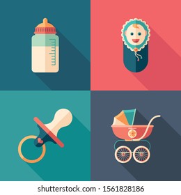 Baby time set of flat square icons with long shadows.