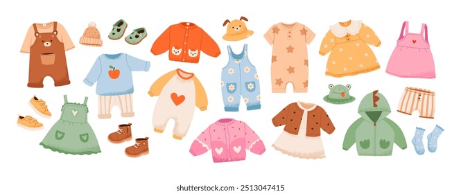 Baby and toddler apparel in vibrant, sustainable fabrics. Kids wear, cozy sweaters and playful shoes. Flat vector set illustration.