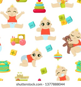 Baby Toddler Character Seamless Pattern, Cute Child in Diaper Playing and Sleeping, Design Element Can Be Used for Fabric, Wallpaper, Packaging Vector Illustration