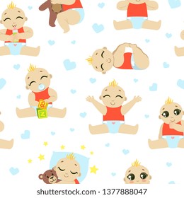 Baby Toddler Character Seamless Pattern, Cute Child in Diaper Playing, Sleeping, Eating, Design Element Can Be Used for Fabric, Wallpaper, Packaging Vector Illustration