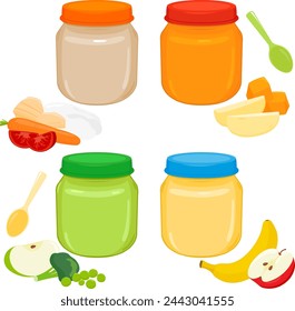 Baby and toddler food set in jars and spoons. Meat, fruit and vegetable puree with potato, pumpkin, broccoli, rice, apple and banana. Kids feeding products. Vector illustration collection