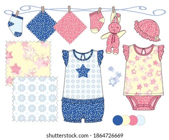 Baby Toddler Girls' fashion Illustration.  Four Vector Repeating Patterns.