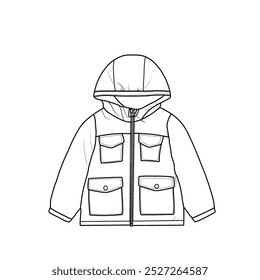Baby toddler girl's waterproof hooded jacket technical fashion vector illustration drawing template with pockets, front CAD mockup