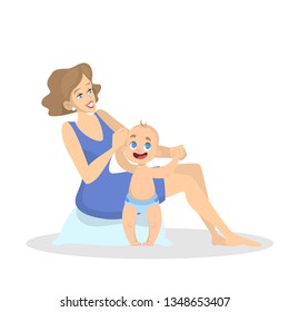 Baby toddler learn to walk. Mother holding child hands. Happy child walking. Mom supporting kid. Isolated flat vector illustration