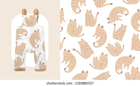 Baby Toddler Neutral Bodysuit Fashion Illustration. Vector Repeating Seamless Patterns of               pastel beige cat on white background, illustration for Baby Clothes