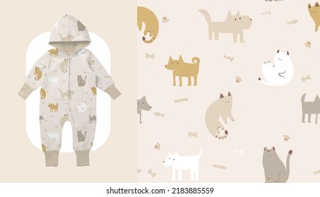 Baby Toddler Neutral Bodysuit Fashion Illustration. Vector Repeating Seamless Patterns of beige Color Shelter Cat and Dog on pastel beige background