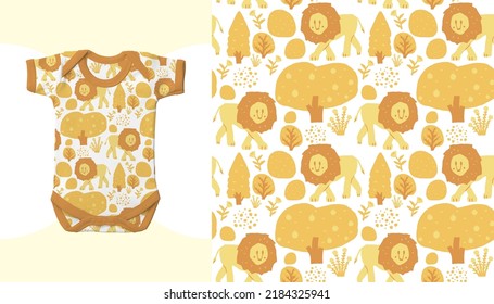 Baby Toddler Neutral Bodysuit Fashion Illustration. Vector Repeating Seamless Patterns of Lion in the yellow forest, Animal Safari theme Illustration for baby Clothes