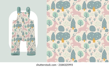 Baby Toddler Neutral Bodysuit Fashion Illustration. Vector Repeating Seamless Patterns of               pink deer run in the green forest, Animal Safari theme Illustration for baby Clothes